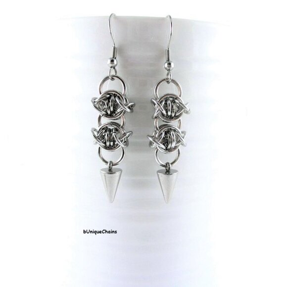 Earrings with Spikes & Barbed Wire Chain Link Chainmail Eye Jewelry Gothic Rock - Picture 1 of 4